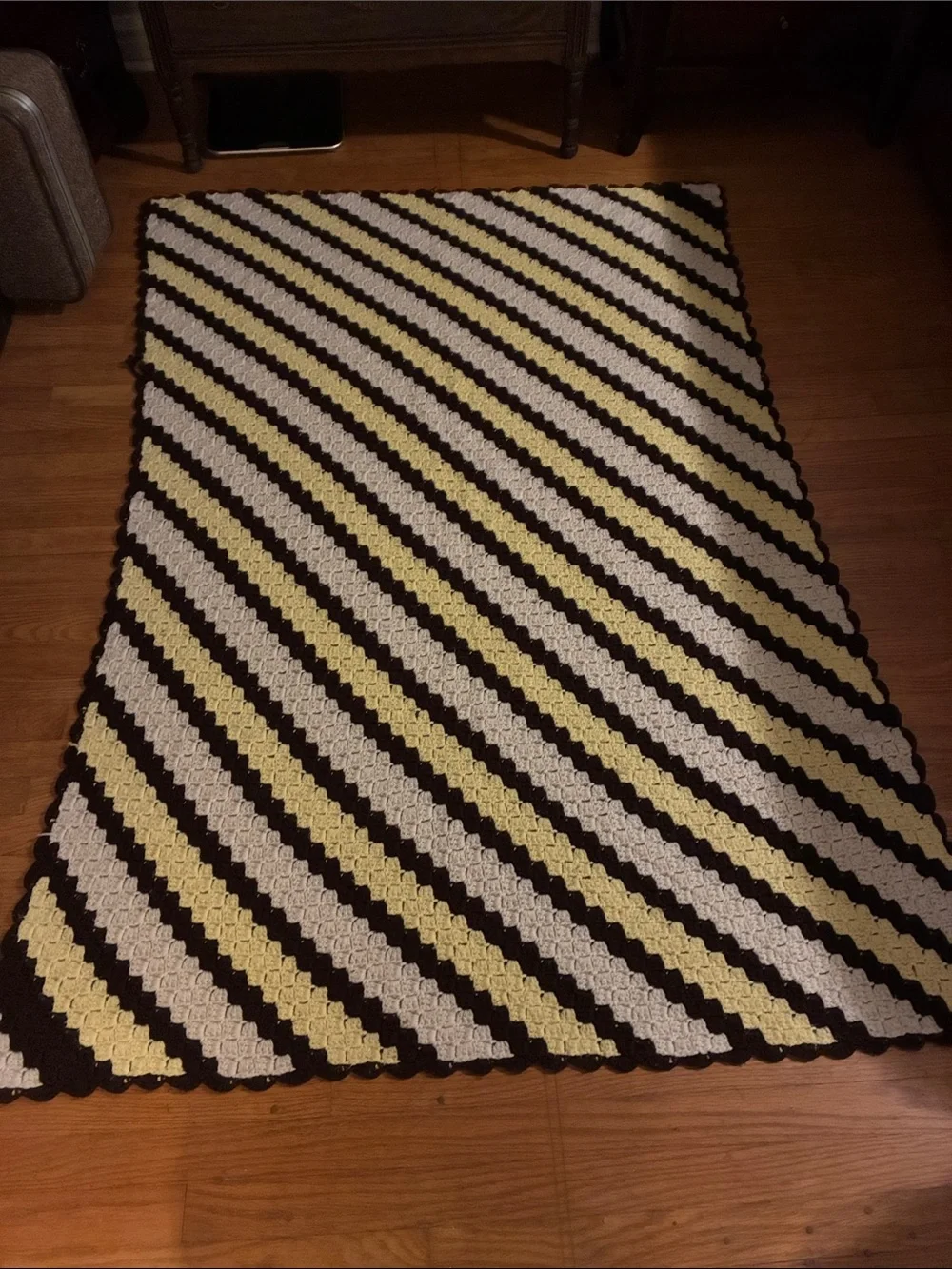 Vintage Diagonal Stripe Crochet Throw in Brown, Cream & Pale Yellow